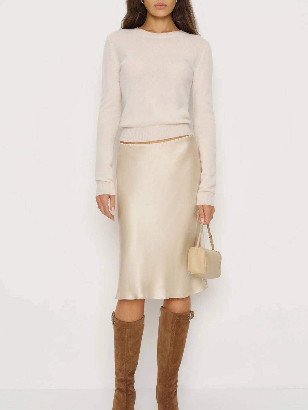 NWT Reformation Layla Knee Length Skirt 6 Satin Slip Midi Skirt in Champagne